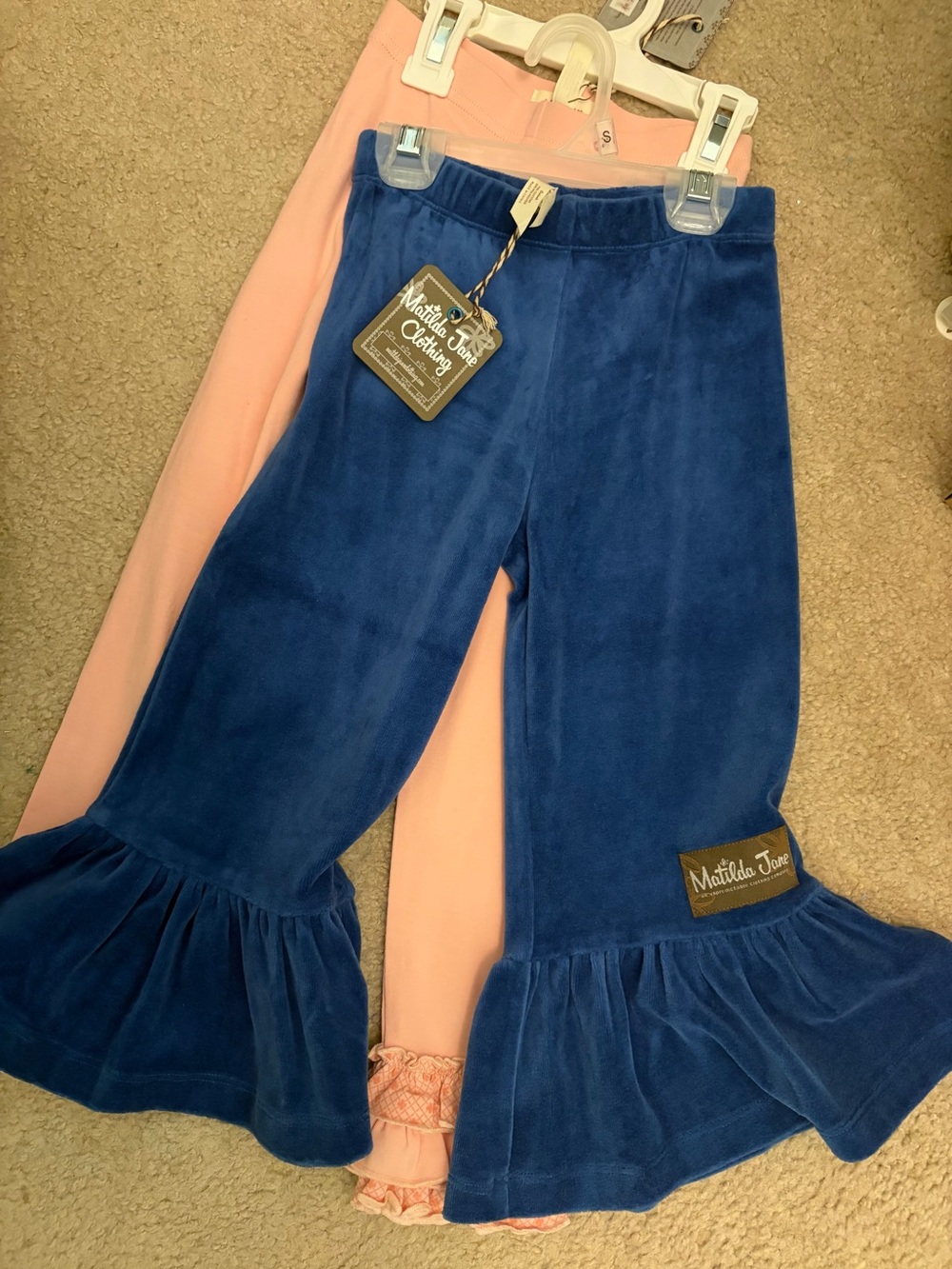 Matilda Jane Girls' Blue Velvet Ruffle Hem Pants and pink leggings size 4